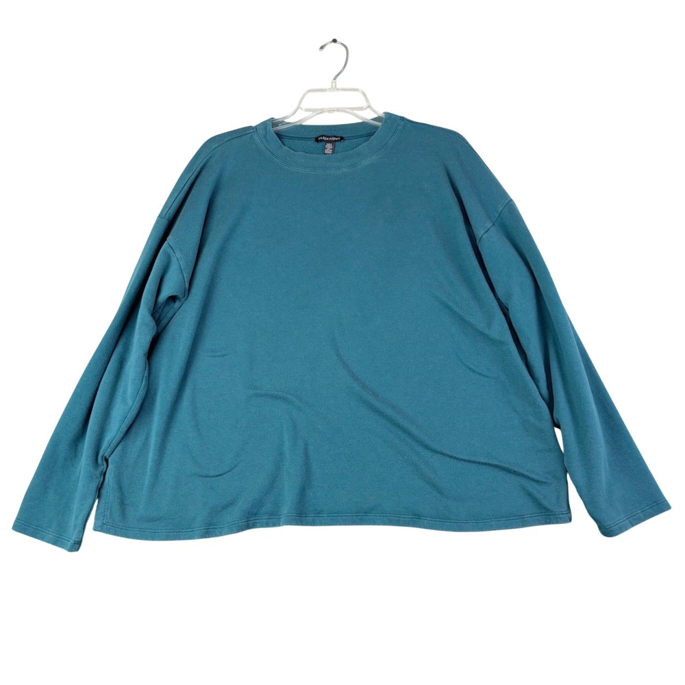 Eileen Fisher Large Teal Blue Tencel Cotton Boxy Sweatshirt Side Slit Minimalist